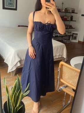 Navy Midi Dress with Ruched Bust and Adjustable Straps